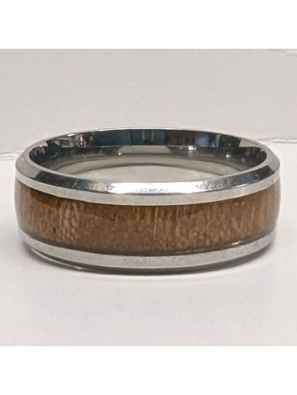 New Wood Inlay Band Ring Mens Size 11 Silver Tone Brown Beveled Edge Rustic